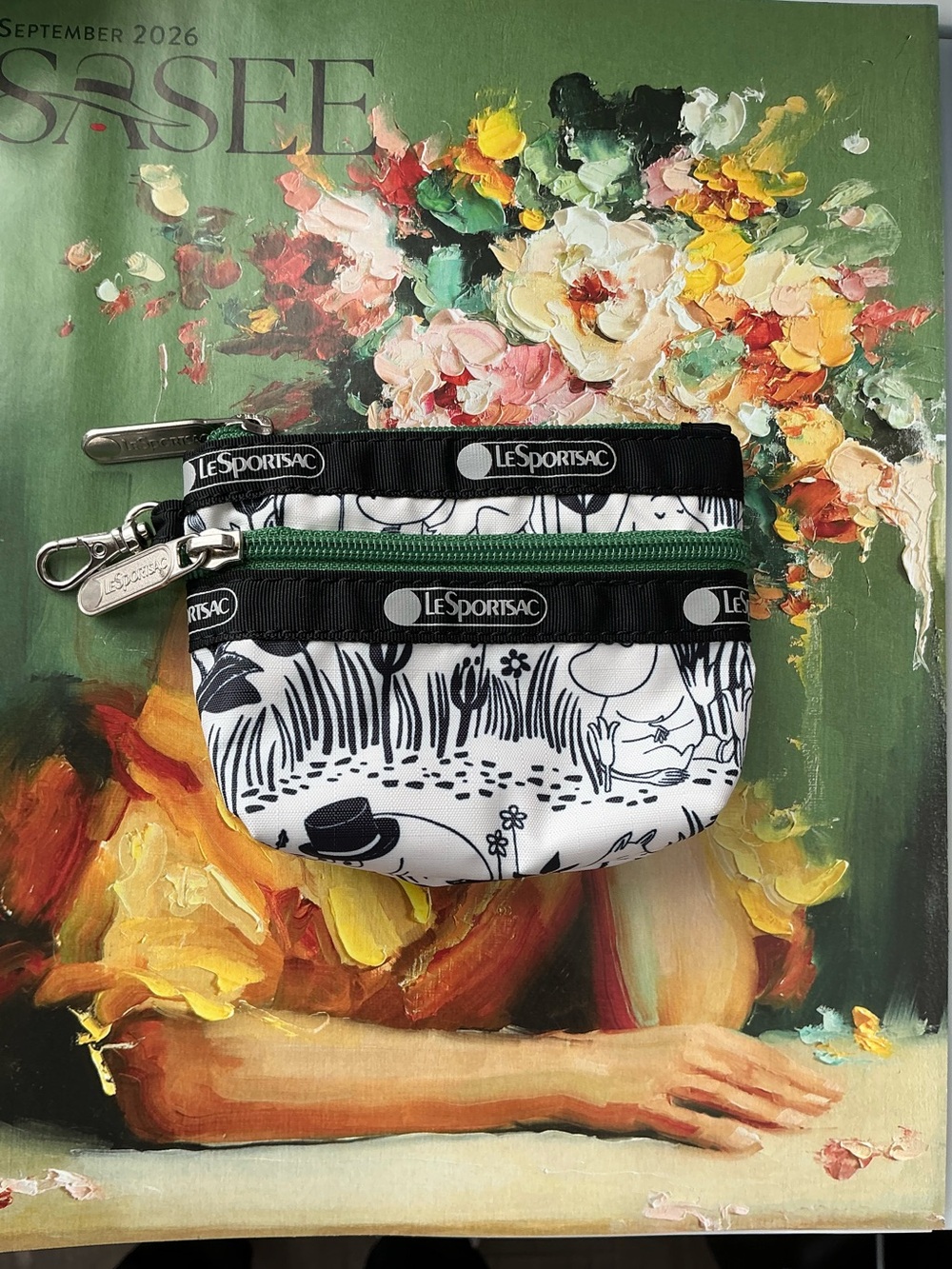 Lesportsac Black & White Printed Pouch with Green Zipper